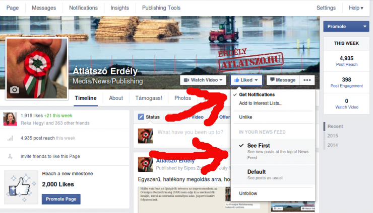 Lájkolni nem elég: az “Értesítéseket kérek” (Get Notifications) illetve a "See first" opciót is be kell kapcsolni