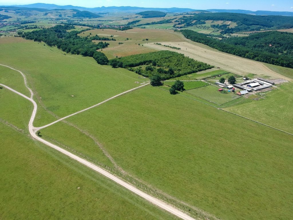 A polgármester családjának tulajdonított farm, felülnézetből. A Nagybacon fele tartó vízvezeték az út mellett (a fotó lenti része) található, a farm fele tartó út mentén (jobbra) látszik a lefektetett vízcső. Fotó: Egyed Ufó Zoltán