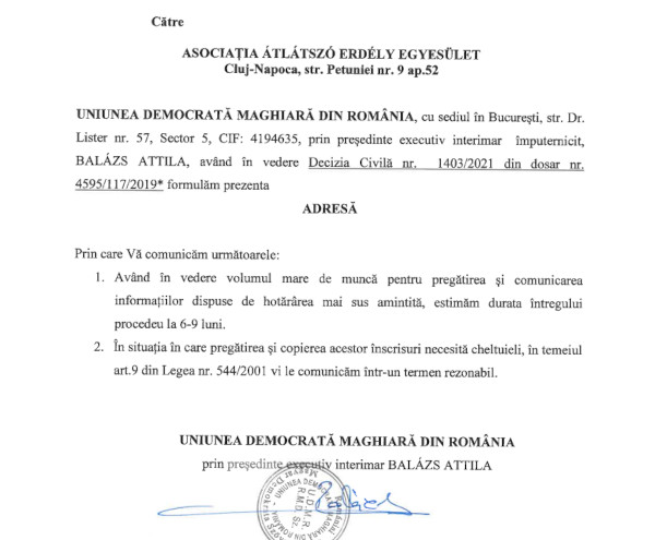 Scrisoarea prin care UDMR ne-a comunicat intenția de a pune în executare hotărârea